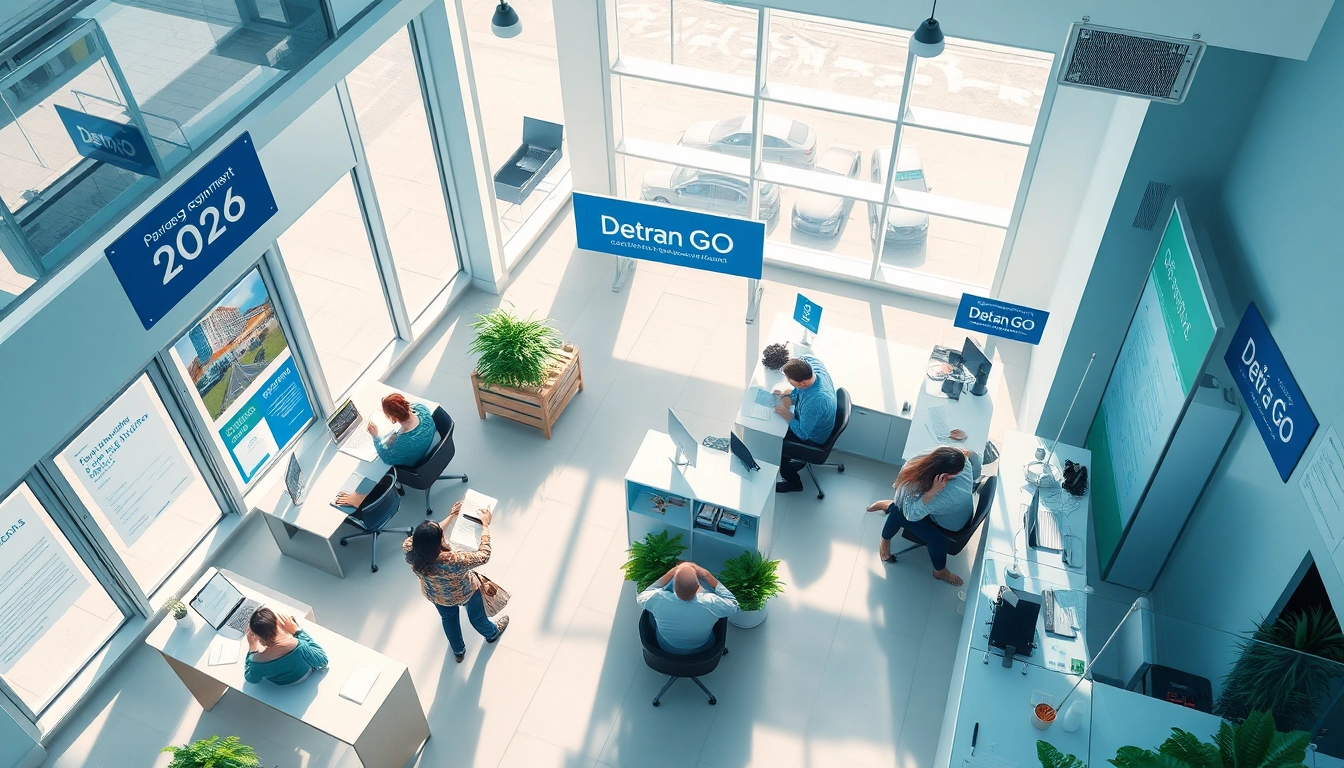 Scene illustrating a busy Detran GO office in Goiânia, highlighting efficient vehicle registration and tax services.