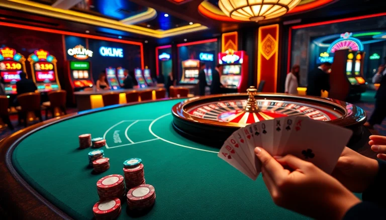 Engaging image of high-stakes poker at OKLIVE casino, showcasing vibrant chips and cards.