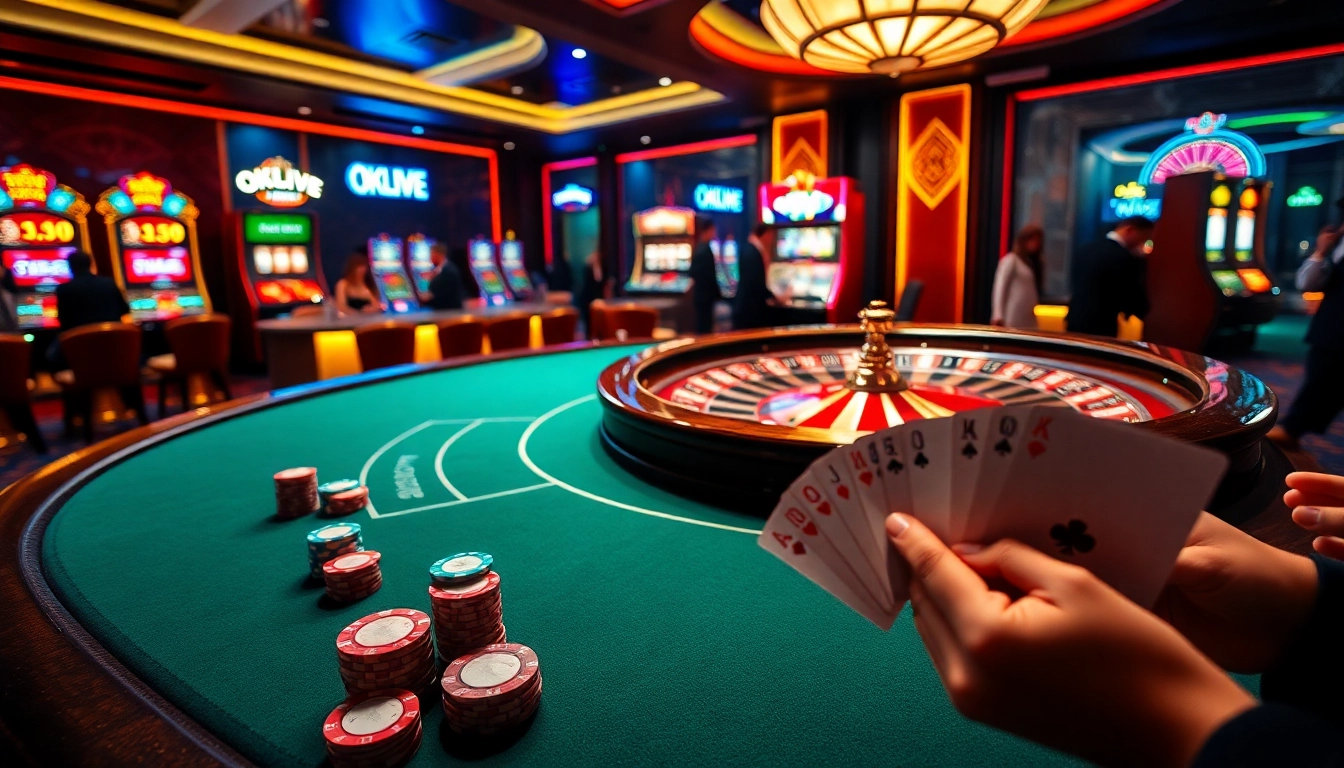 Engaging image of high-stakes poker at OKLIVE casino, showcasing vibrant chips and cards.