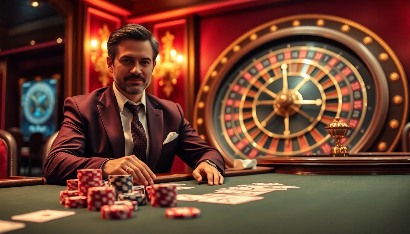 CEO 888new strategizes a winning hand at a luxurious casino poker table with roulette in the background.