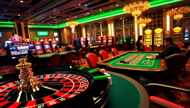High-stakes gaming action at 33WIN casino with roulette, poker, and slot machines.