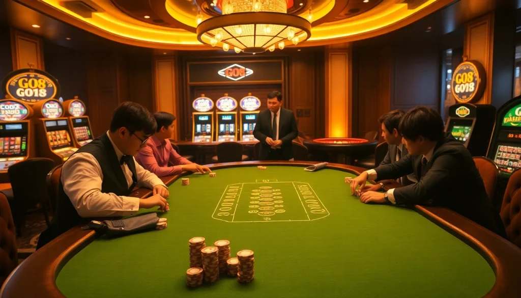 Participants enjoy a thrilling game at the elegant GO8 poker table in a luxurious casino setting.