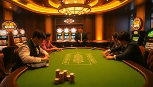 Participants enjoy a thrilling game at the elegant GO8 poker table in a luxurious casino setting.