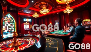 Engage with the GO88 casino experience, featuring vibrant gameplay at a roulette wheel and poker table.