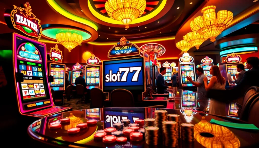 Excited gamblers playing slot777 in a vibrant casino setting filled with luxury.