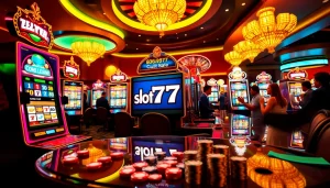 Excited gamblers playing slot777 in a vibrant casino setting filled with luxury.