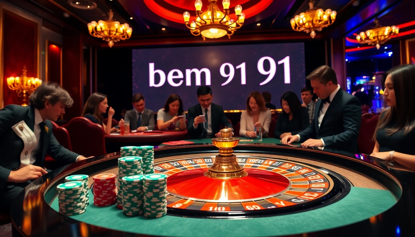 Experience the thrill of a lively casino with bem 91 at its center, featuring poker chips and a roulette table.