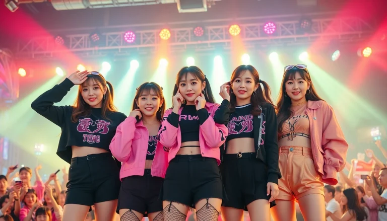 Showcasing BLACKPINK news with the group performing energetically in a vibrant, colorful setting.