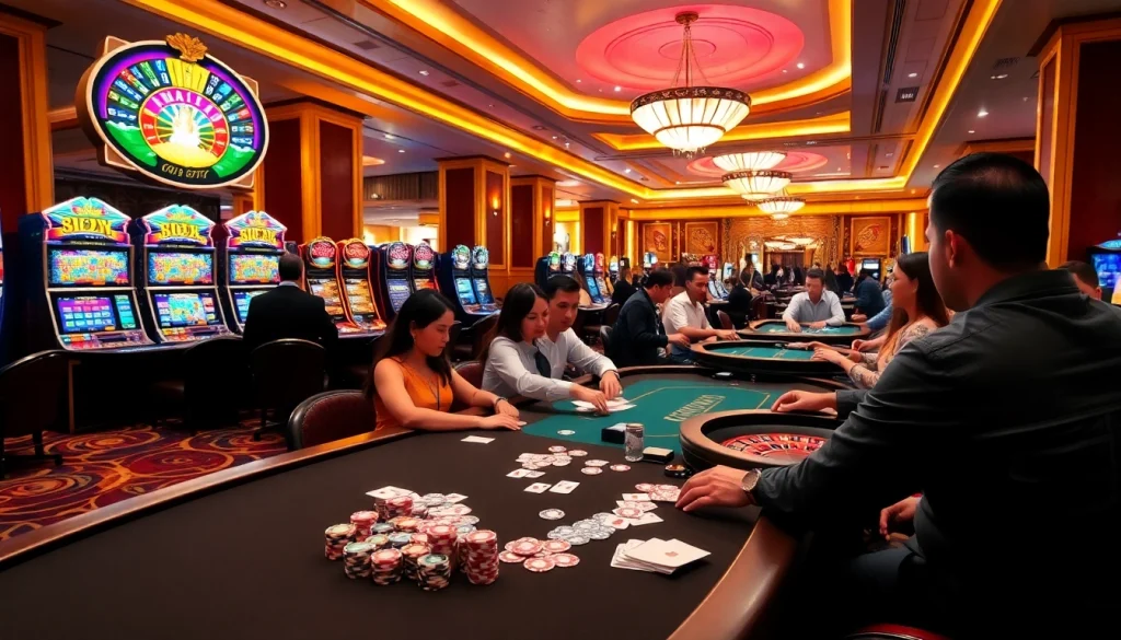 Experience the thrill of gambling at nh88 with vibrant casino scenes, poker tables, and roulette.