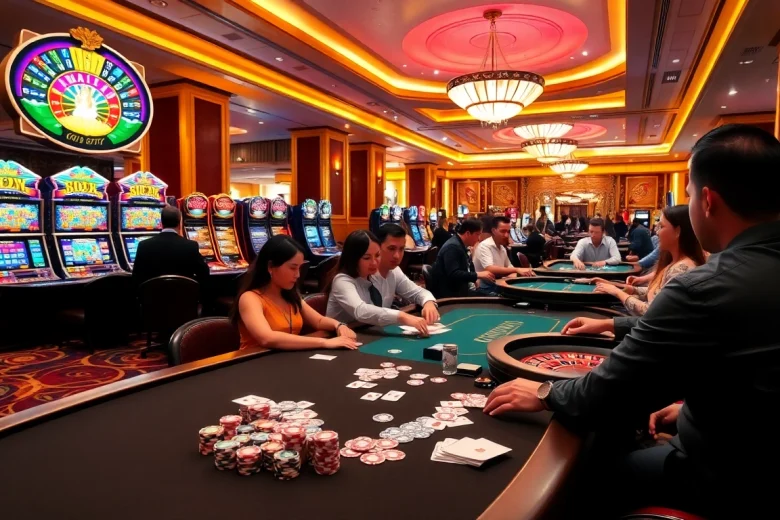 Experience the thrill of gambling at nh88 with vibrant casino scenes, poker tables, and roulette.