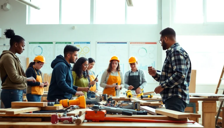Engaged students participating in construction classes with hands-on training and tools.