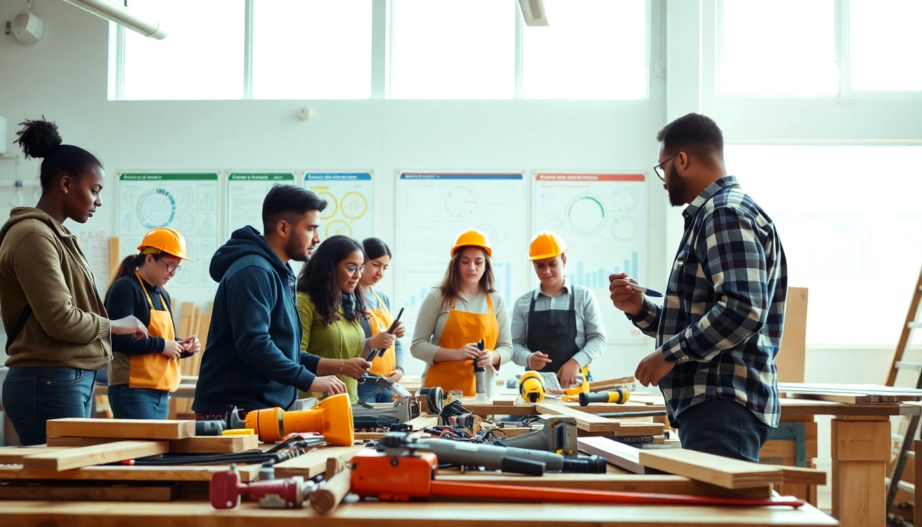 Engaged students participating in construction classes with hands-on training and tools.