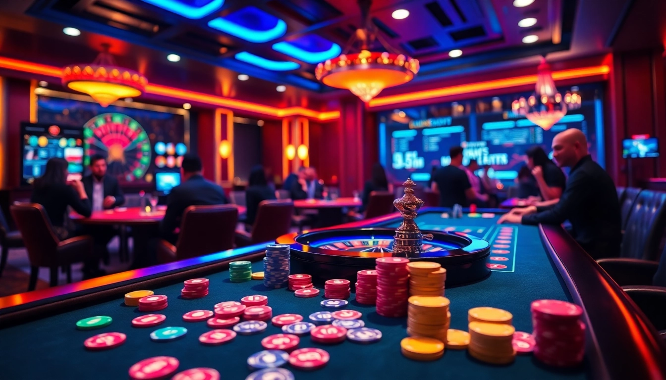 Dynamic gambling scene at BL555 casino, showcasing poker action, colorful chips, and roulette excitement.