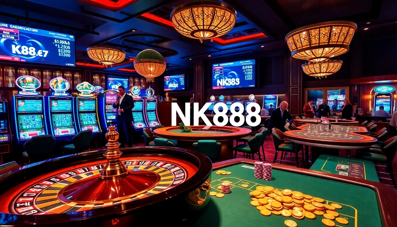 Engaging gamblers at the NK88 casino floor featuring vibrant machines and poker tables.