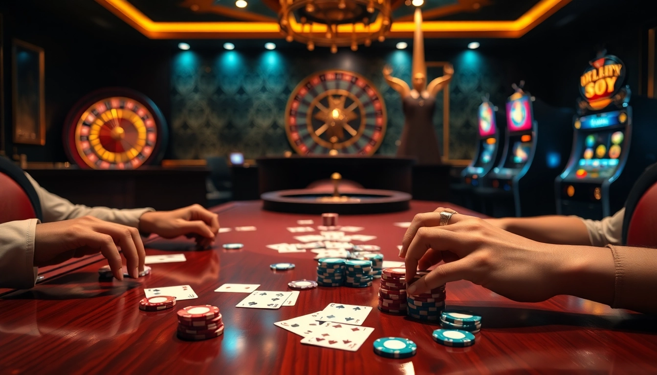 Mậu binh 6FF players compete at a luxurious casino table, showcasing cards and chips in a high-stakes environment.