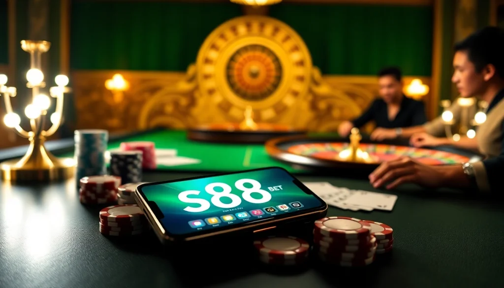 S88bet gaming experience with poker chips, cards, and a vibrant app interface.