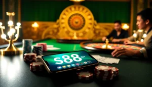 S88bet gaming experience with poker chips, cards, and a vibrant app interface.