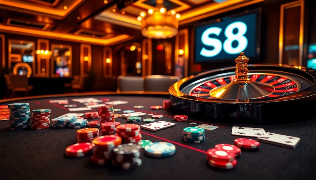 S8 casino gaming scene with poker chips, dice, and roulette wheel, showcasing luxury and excitement.
