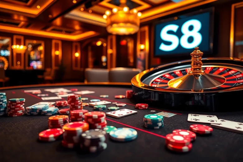 S8 casino gaming scene with poker chips, dice, and roulette wheel, showcasing luxury and excitement.