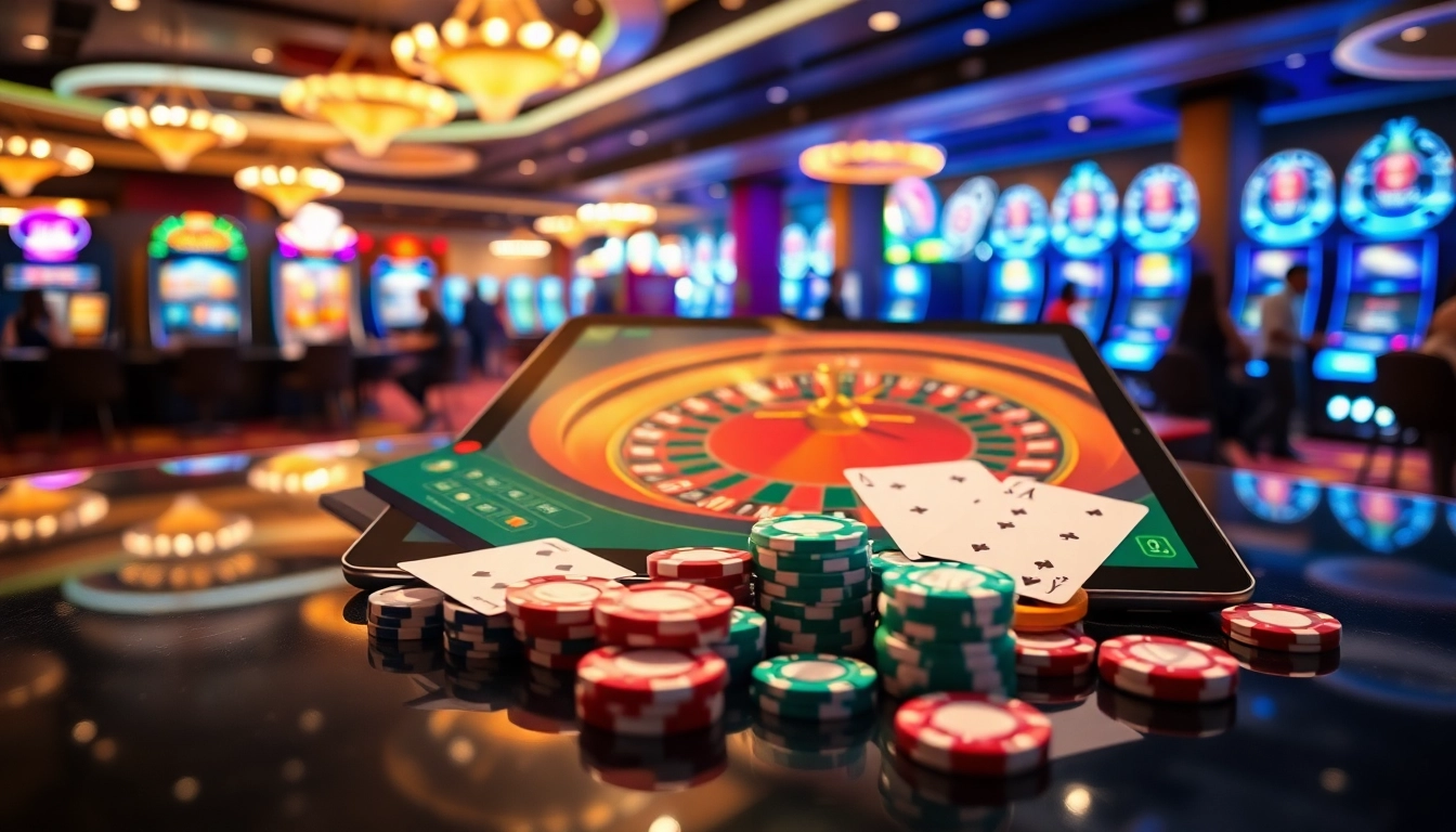XSMB247 gambling interface displayed on a luxury casino table with roulette wheel and cards.