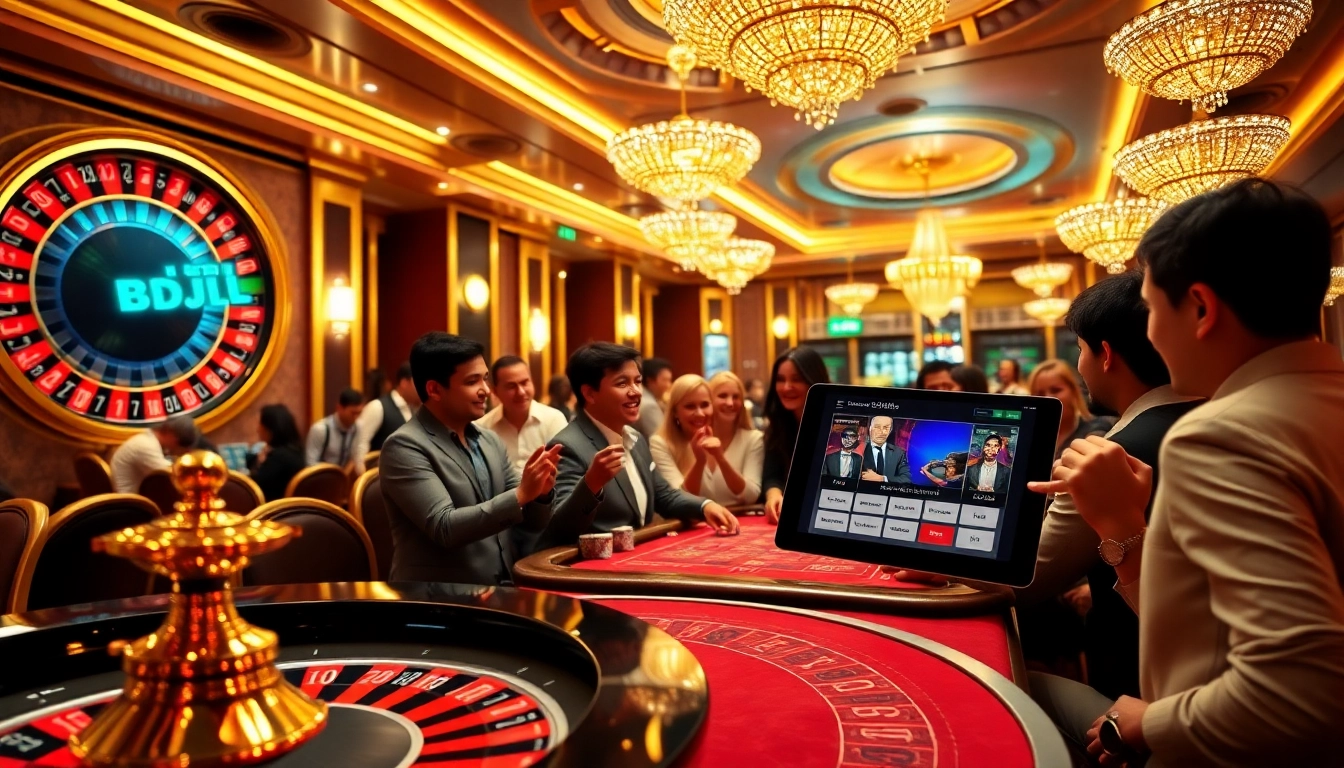 Engaging players at a casino table featuring BDJL poker chips and a roulette wheel.