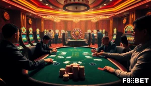 Players strategizing in a high-stakes poker game at F8BET, surrounded by vibrant casino visuals.