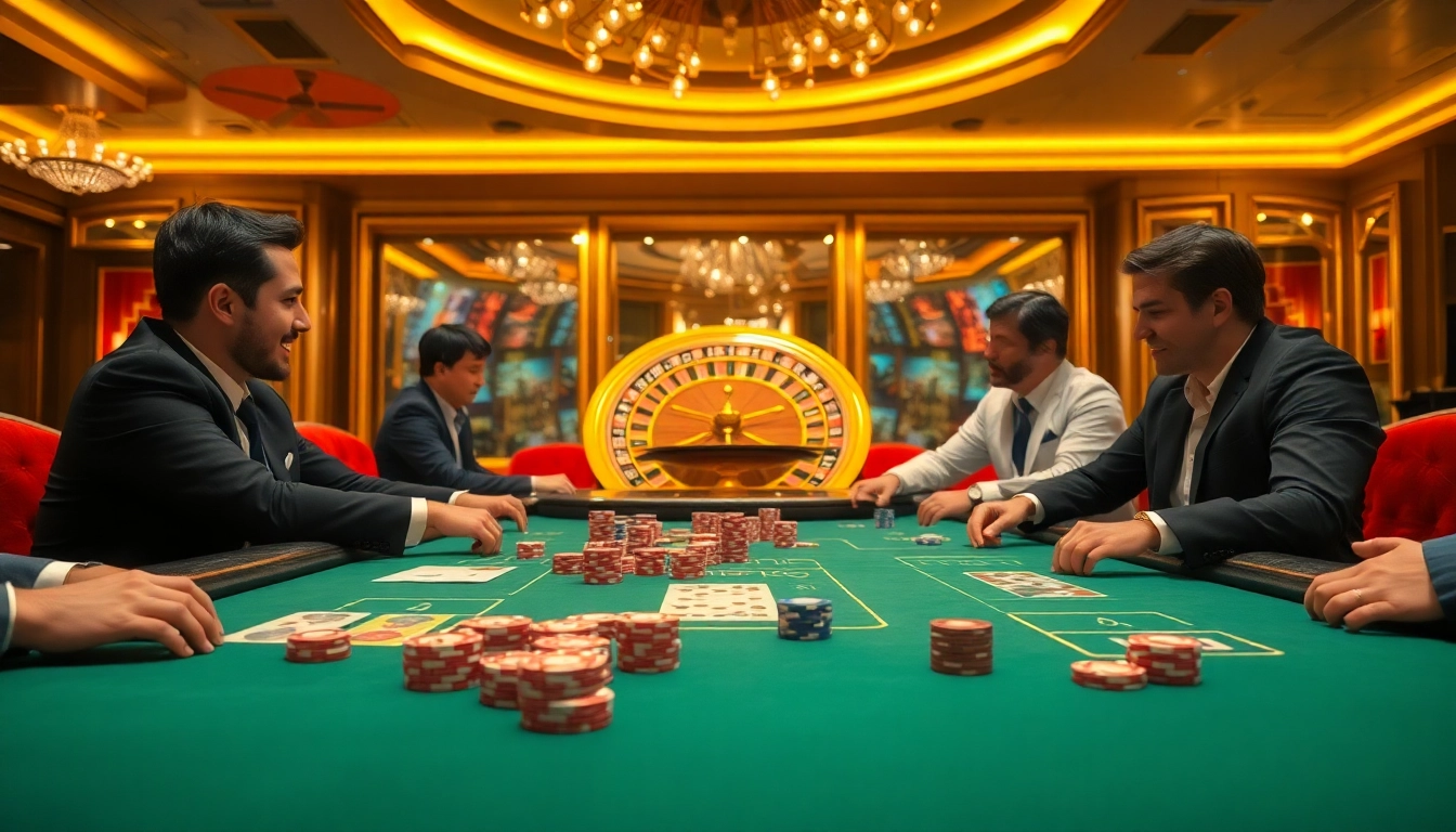 Players engaged in a thrilling poker game at https://x88.tours/, showcasing luxury and excitement.