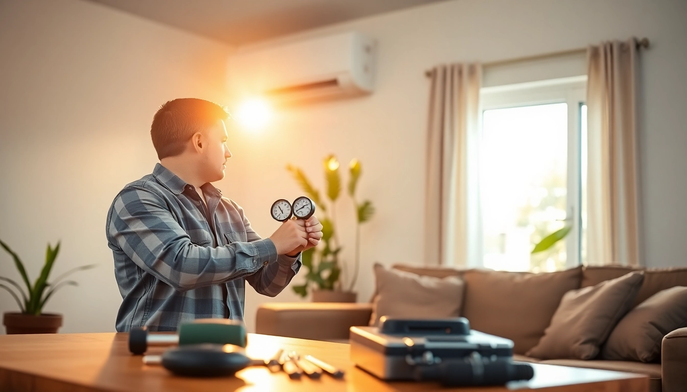Technician performing hvac repair purdys service in a cozy living room.