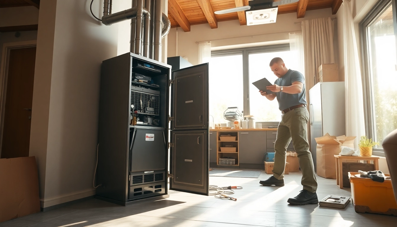 Skilled technician conducting furnace installation ,pawling with modern tools and equipment in a bright room.