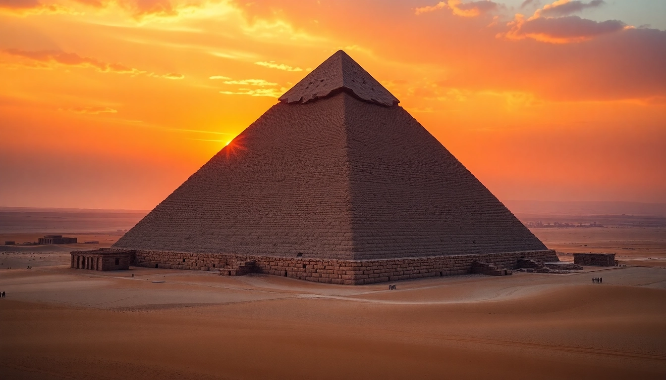 View of the Great Pyramid of Giza bathed in sunset light, highlighting its majestic piraminds.