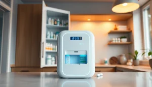Automatic pill dispenser on a modern countertop, featuring LED indicators and a sleek design for easy medication management.