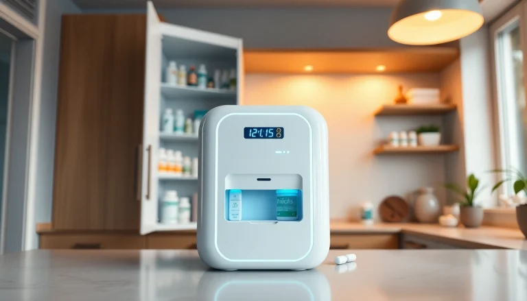 Automatic pill dispenser on a modern countertop, featuring LED indicators and a sleek design for easy medication management.
