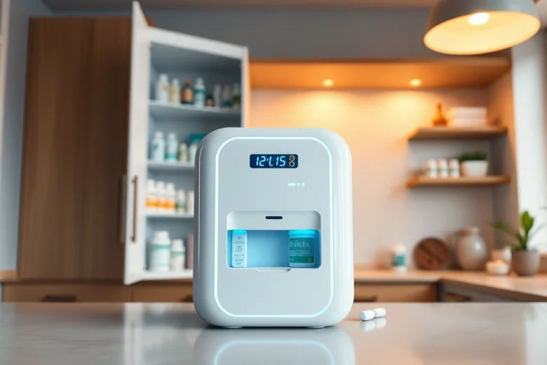 Automatic pill dispenser on a modern countertop, featuring LED indicators and a sleek design for easy medication management.