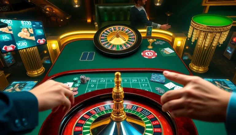 Players enjoy a thrilling game at rr88 com's luxurious casino table, featuring colorful chips and an exciting atmosphere.