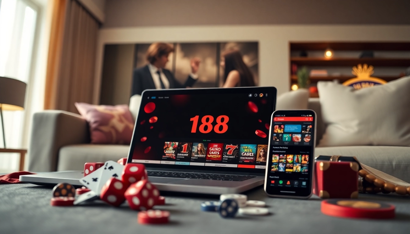 A188 online gaming platform displayed on devices with casino-themed elements.