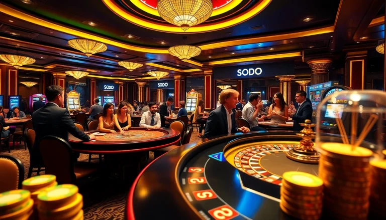 Experience the excitement at SODO Casino with vibrant gaming tables and professional dealers in action.