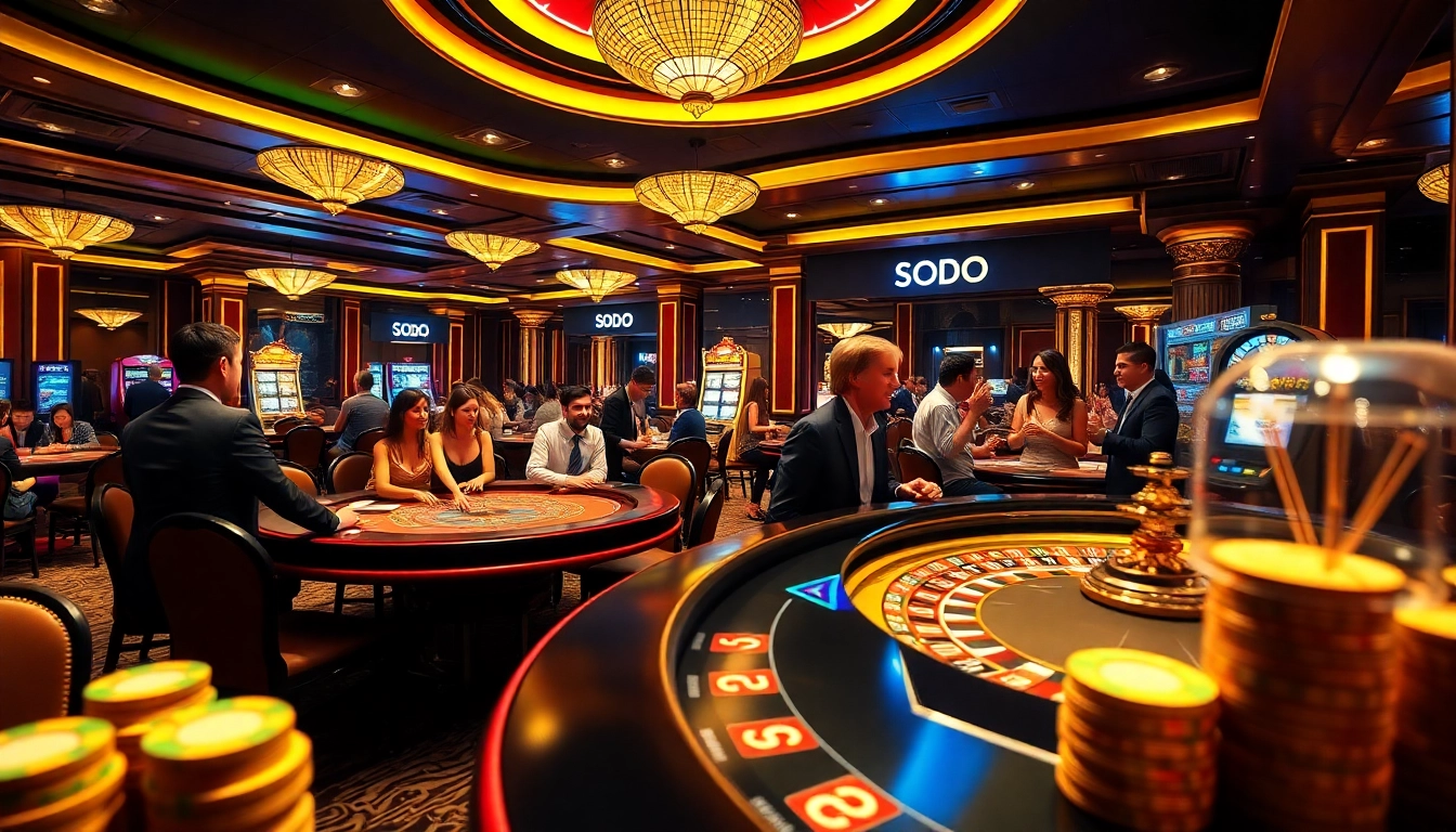Experience the excitement at SODO Casino with vibrant gaming tables and professional dealers in action.