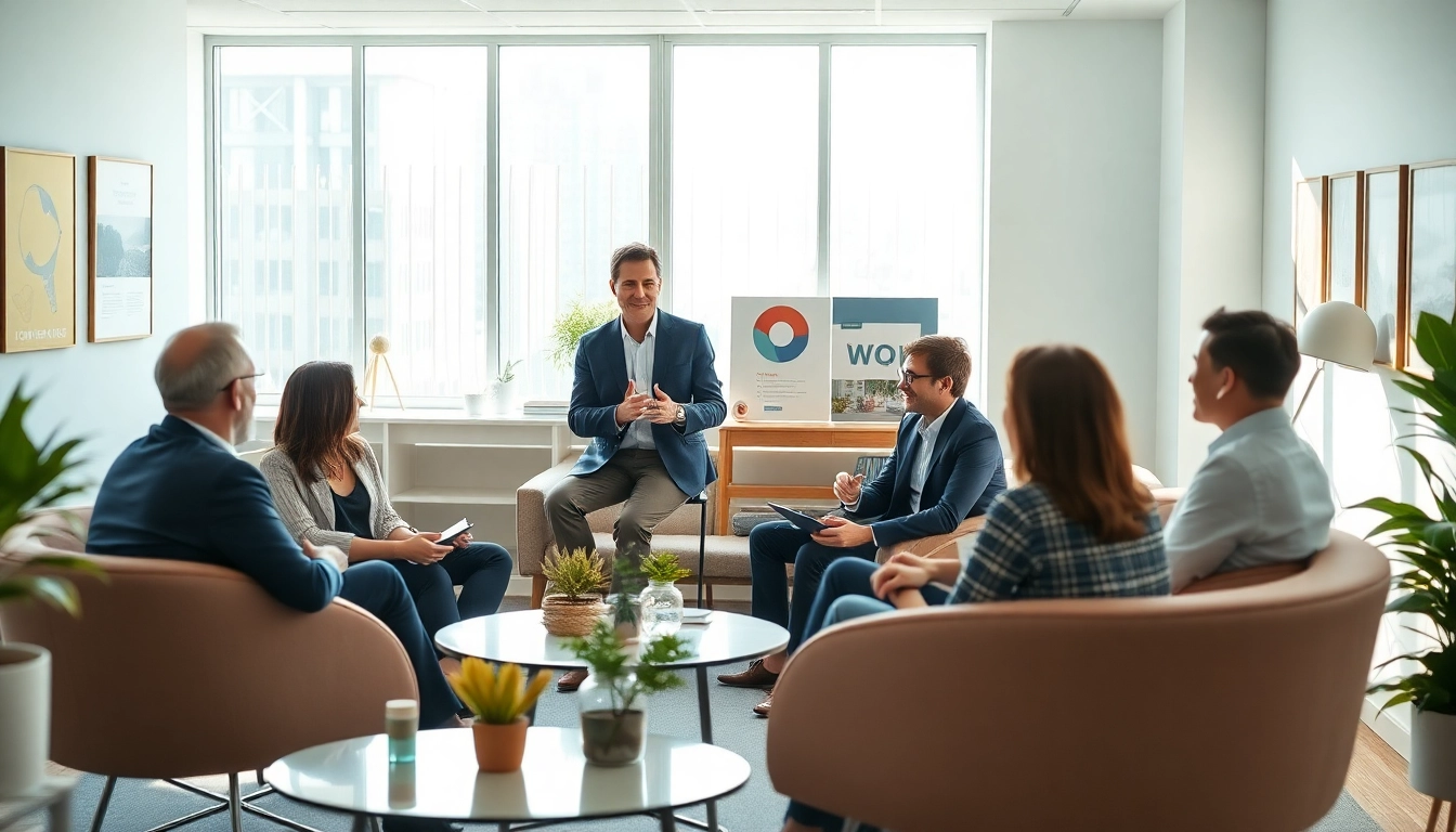 Engaging professional business coaching service session in a bright office environment.