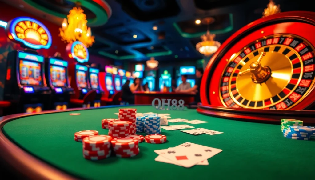 Players engaging in high-stakes poker and casino games at QH88, showcasing luxury and excitement.