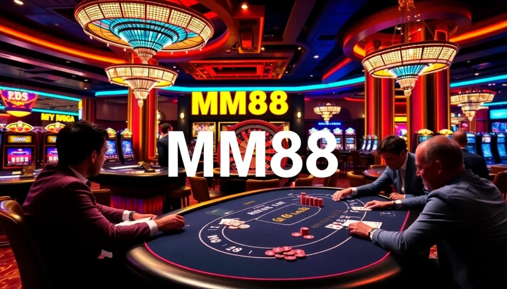 Excited players enjoying a high-stakes game at MM88's luxurious casino.