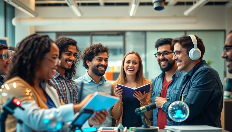 Discussão dinâmica sobre novidades e teorias interessantes entre diversas pessoas em um ambiente moderno e tecnológico.