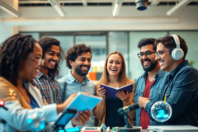 Discussão dinâmica sobre novidades e teorias interessantes entre diversas pessoas em um ambiente moderno e tecnológico.