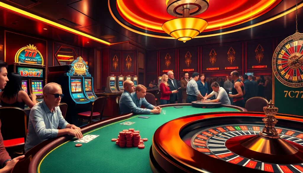 Engaged players strategizing at a vibrant 7C77 casino poker table amidst colorful machines.