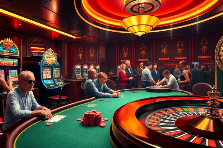 Engaged players strategizing at a vibrant 7C77 casino poker table amidst colorful machines.