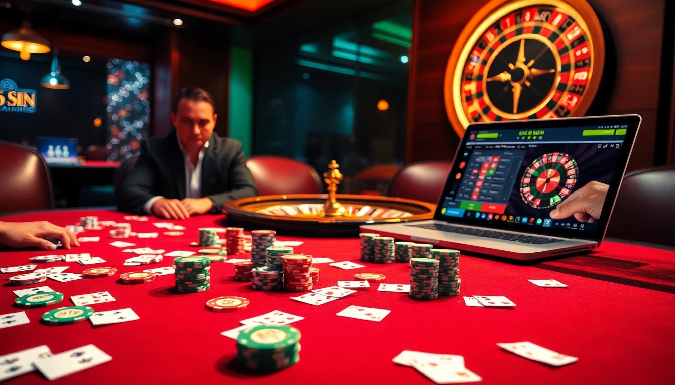 Experience the thrill of winning at 56WIN with vibrant poker chips and an illuminated roulette wheel.