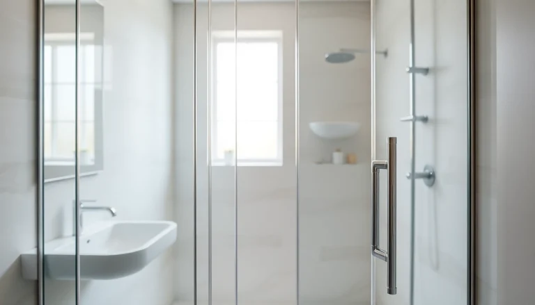 Modern shower doors UK showcasing sleek design and minimalistic aesthetics in a bright bathroom setting.