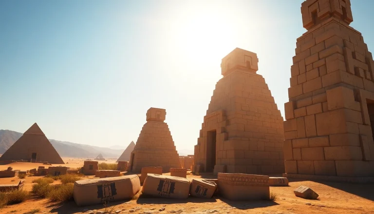 Stunning view of the majestic piraminds bathed in golden sunlight against a clear sky.