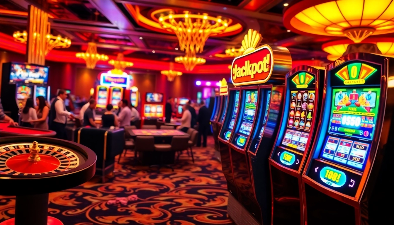 Excited gamblers playing the SLOT machine in a vibrant casino atmosphere, highlighting luxury and thrill.