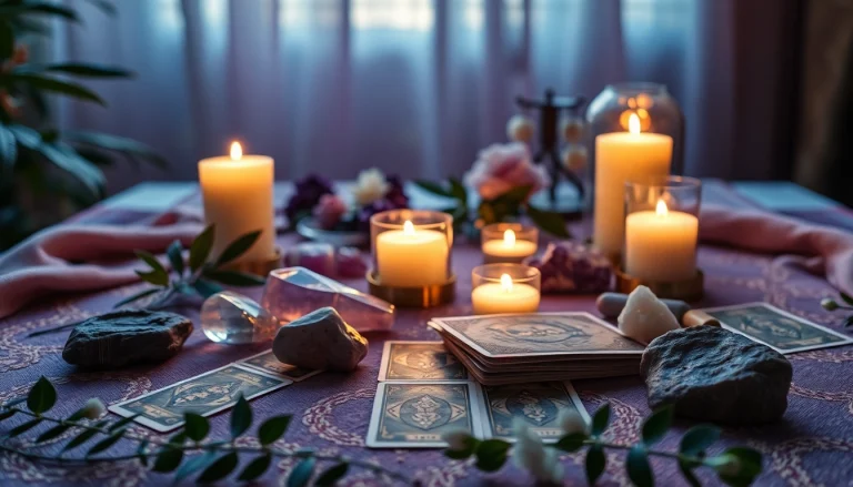 静かな電話占いのセッティングを描いた魅力的な情景。神秘的な要素とともに「電話占い 当たる」を強調。