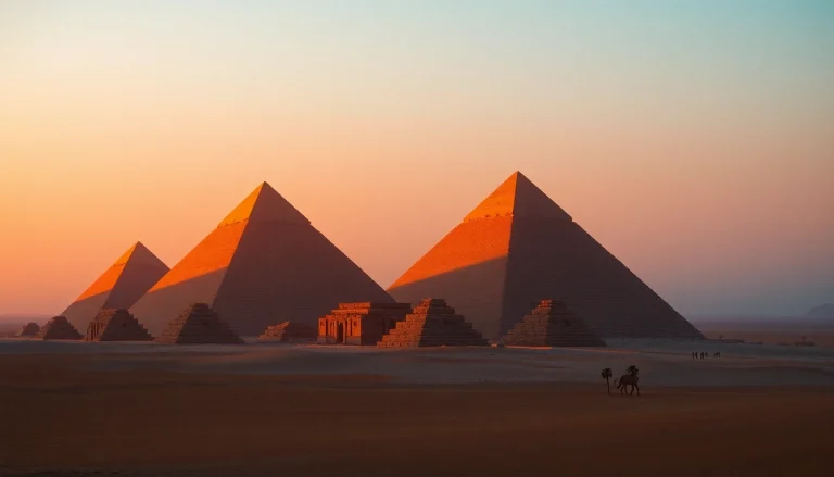 Explore the magnificent pyramids, showcasing their grandeur against a stunning sunset.